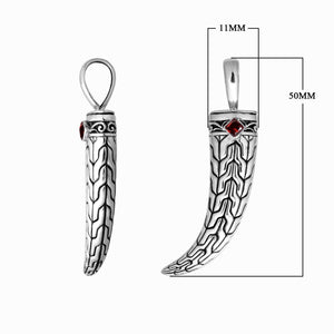 Sterling silver engraved horn pendant featuring tribal cap detailing and a square Red Garnet Quartz accent designed for classic wholesale jewelry assortments