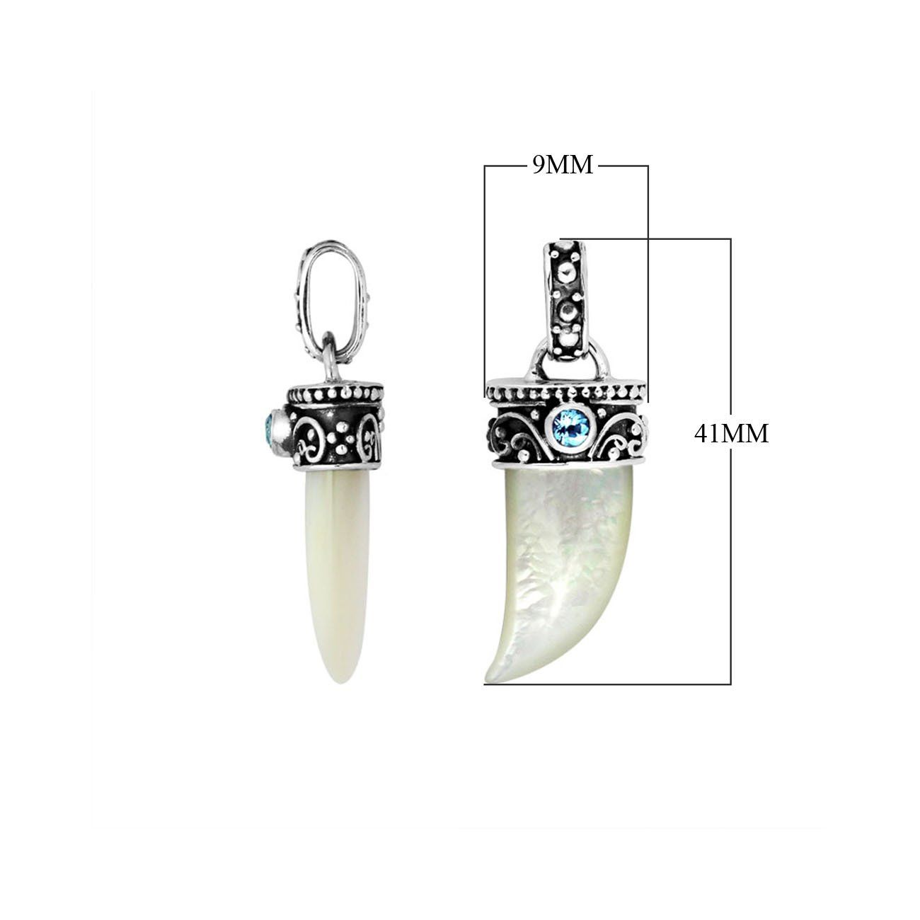 Sterling silver Shell tusk pendant with Blue Topaz Quartz and detailed Balinese oxidized silverwork.