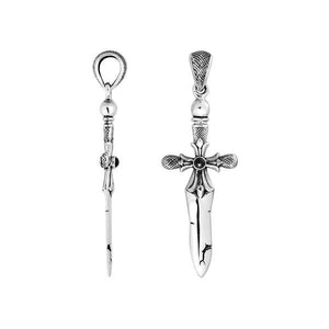 Sterling silver sword pendant with Black Onyx center and Balinese oxidized detailing.