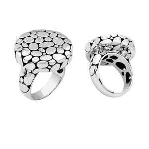 Wholesale sterling silver statement ring with pebble texture, handcrafted in Bali by skilled artisans, bulk modern silver jewelry for suppliers and resellers.