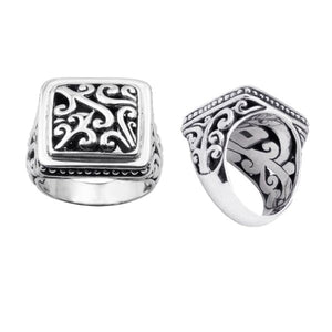 Wholesale sterling silver square signet ring with Balinese scrollwork design, oxidized and polished finish, handcrafted artisan silver jewelry for bulk supply.