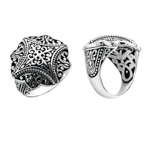 Wholesale sterling silver ornate round filigree ring with Balinese scrollwork, oxidized details, and polished finish, handcrafted artisan jewelry for bulk orders.