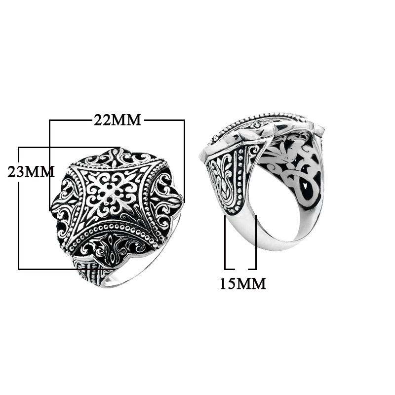 Wholesale sterling silver ornate round filigree ring with Balinese scrollwork, oxidized details, and polished finish, handcrafted artisan jewelry for bulk orders.