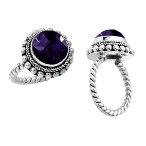 Wholesale sterling silver Bali ring with faceted Amethyst Quartz and twisted rope band.