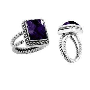 Wholesale sterling silver square amethyst ring with faceted quartz, rope bezel, and double rope band – handcrafted Bali-inspired jewelry for resellers and bulk buyers.