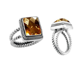Wholesale sterling silver square citrine ring with faceted quartz, rope bezel, and double rope band – handcrafted Bali-inspired jewelry for bulk buyers and resellers.