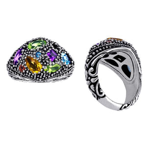 Wholesale sterling silver dome ring with amethyst quart, citrine quart, peridot quart, blue topaz quart, and garnet quart, handcrafted with Bali-inspired beaded detailing – artisan statement jewelry for resellers and bulk buyers.
