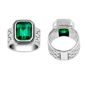 Wholesale sterling silver men’s ring with emerald-cut green quartz and textured wide band – bulk jewelry supply for retailers and boutiques.
