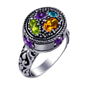 Wholesale sterling silver multi-quartz Bali ring with Amethyst Q., Citrine Q., Blue Topaz Q., and Peridot Q. handcrafted artisan jewelry for bulk orders and retailers.