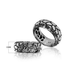 Wholesale sterling silver wide band rings with Bali-inspired carved design, handcrafted artisan jewelry available in bulk.