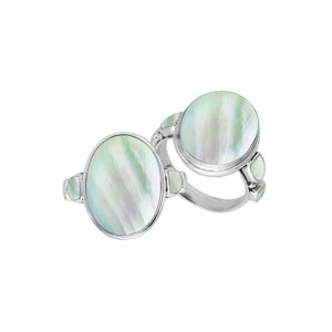 Wholesale sterling silver oval Mother of Pearl ring with side inlays, handcrafted artisan jewelry in .925 silver for bulk orders and retailers.