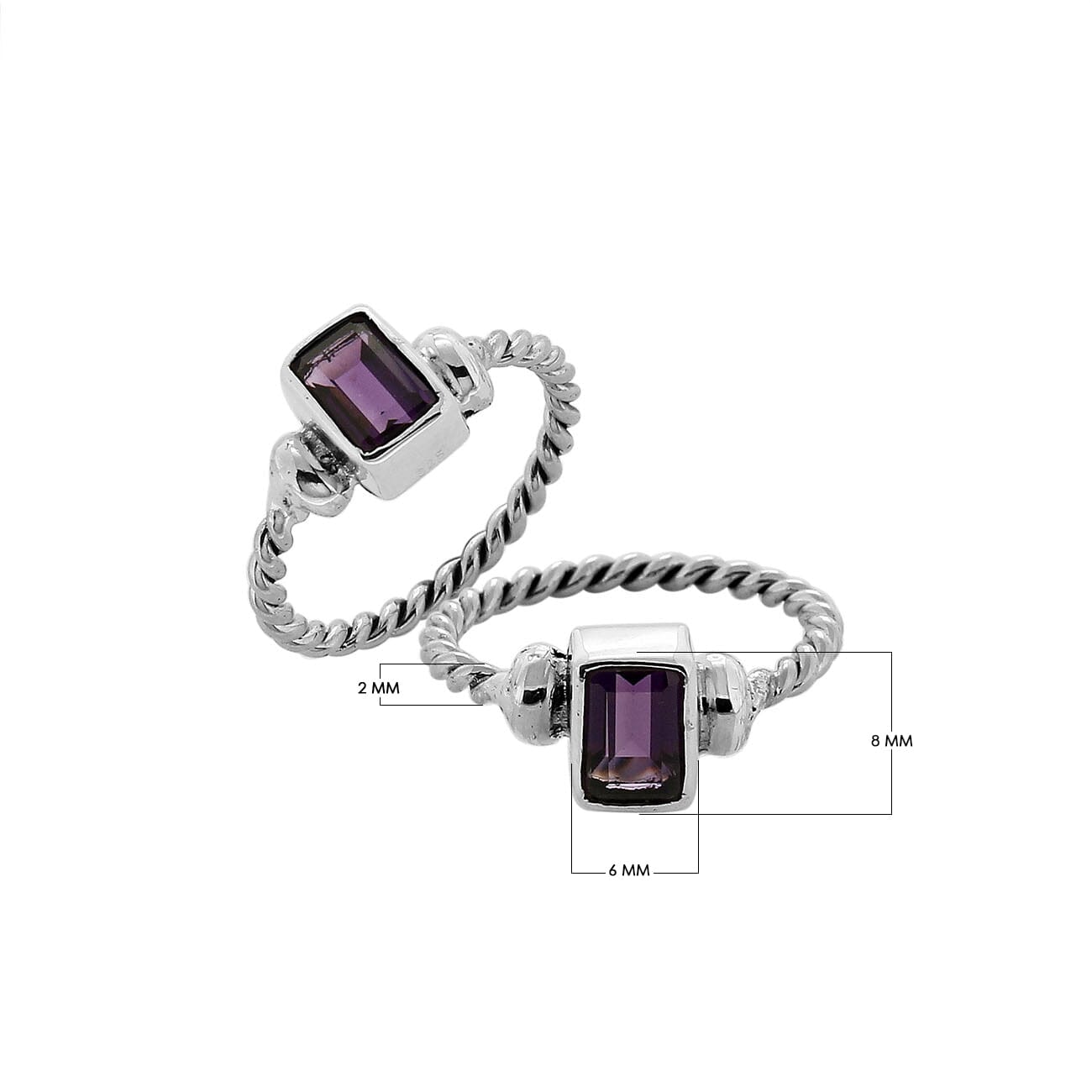 Wholesale sterling silver rope band ring with rectangular-cut Amethyst Quartz– bulk handcrafted Quartz jewelry supplier.