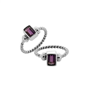 Wholesale sterling silver rope band ring with rectangular-cut Amethyst Quartz– bulk handcrafted Quartz jewelry supplier.