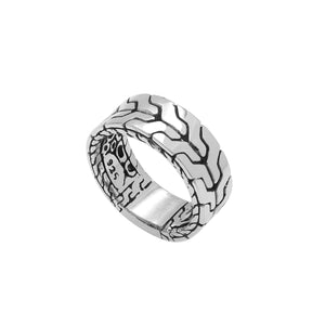 Wholesale sterling silver wide band ring with bold geometric pattern and oxidized detailing – unisex artisan wholesale jewelry.