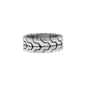 Wholesale sterling silver wide band ring with bold geometric pattern and oxidized detailing – unisex artisan wholesale jewelry.
