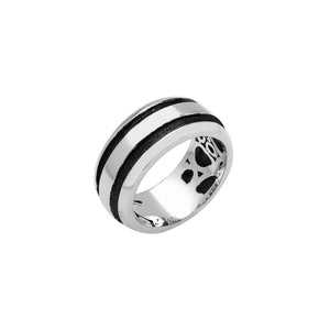 Wholesale sterling silver wide band ring with double black oxidized stripes – unisex artisan wholesale jewelry.