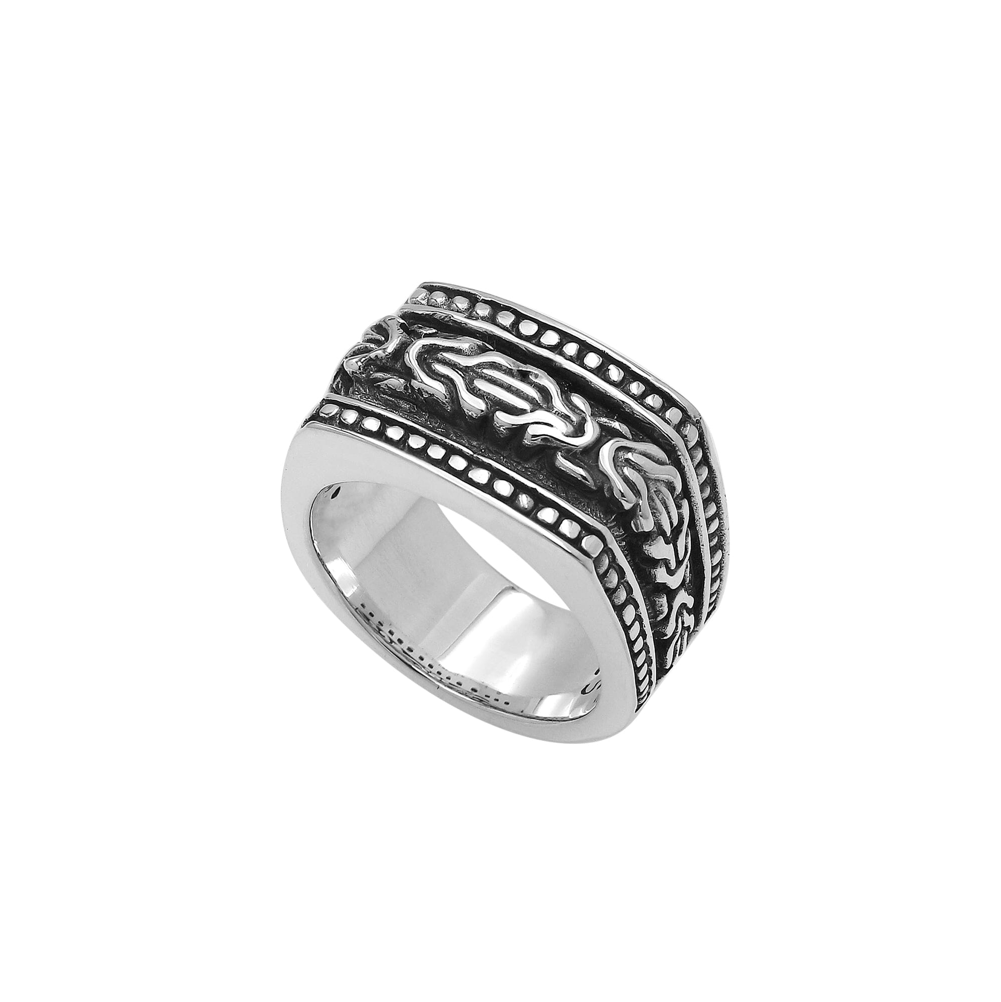 Wholesale sterling silver Bali wide band ring with oxidized finish and intricate artisan carving design, bulk handcrafted silver jewelry for resellers.