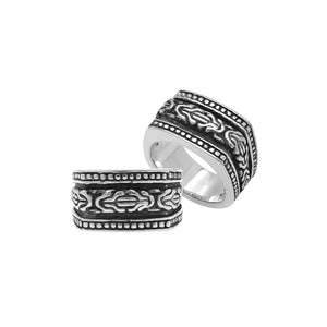 Wholesale sterling silver Bali wide band ring with oxidized finish and intricate artisan carving design, bulk handcrafted silver jewelry for resellers.