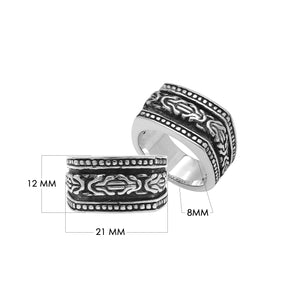 Wholesale sterling silver Bali wide band ring with oxidized finish and intricate artisan carving design, bulk handcrafted silver jewelry for resellers.