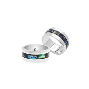 Wholesale sterling silver wide band ring with iridescent Abalone Shell inlay, handcrafted unisex jewelry in bulk for retailers and resellers.