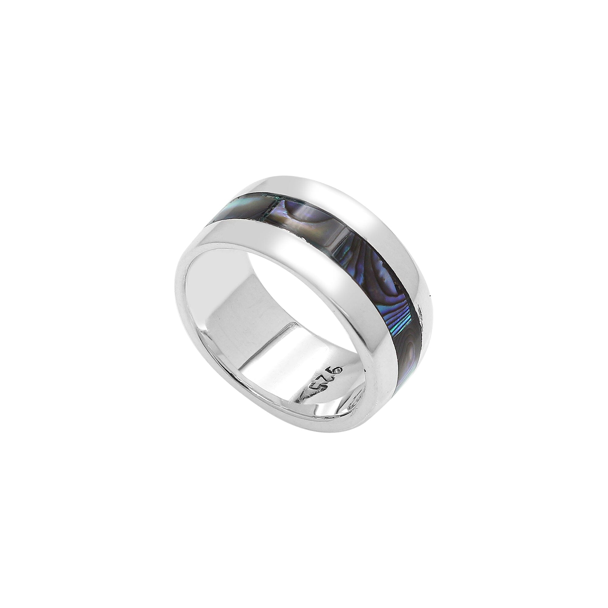 Wholesale sterling silver wide band ring with iridescent Abalone Shell inlay, handcrafted unisex jewelry in bulk for retailers and resellers.