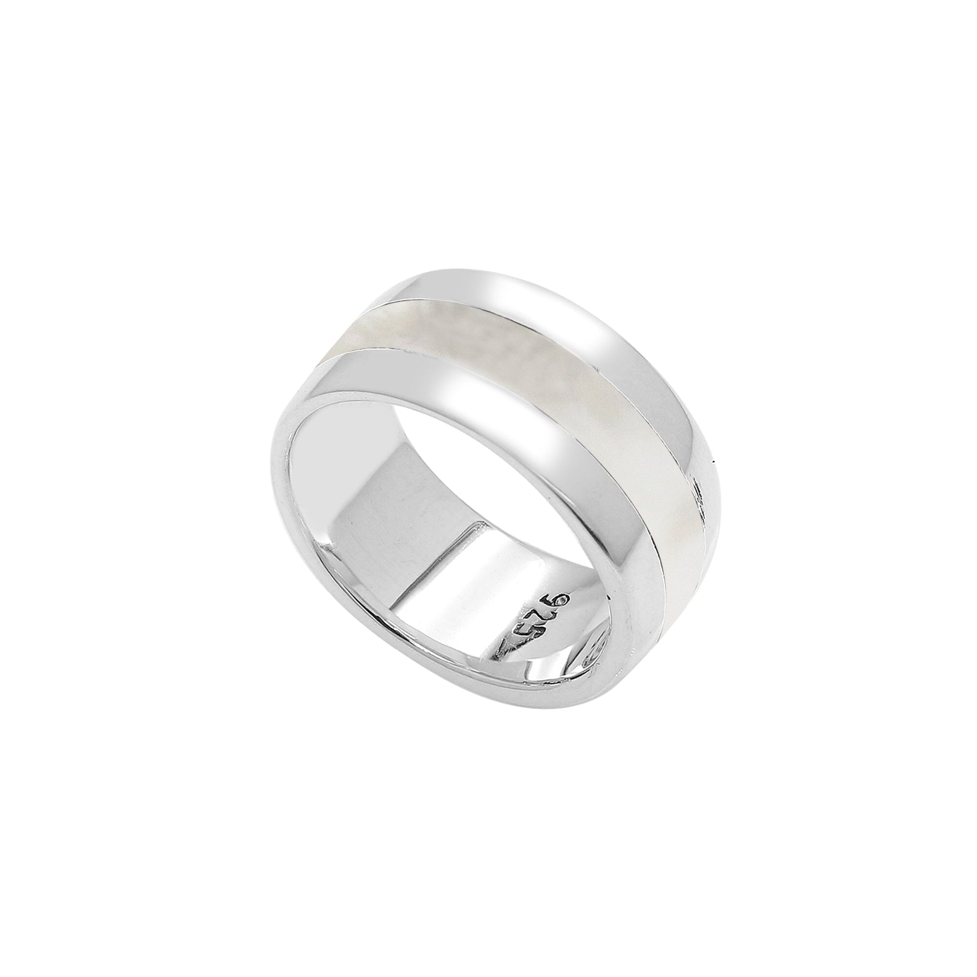 Wholesale sterling silver wide band ring with luminous Mother of Pearl inlay, handcrafted unisex jewelry in bulk for retailers and resellers.