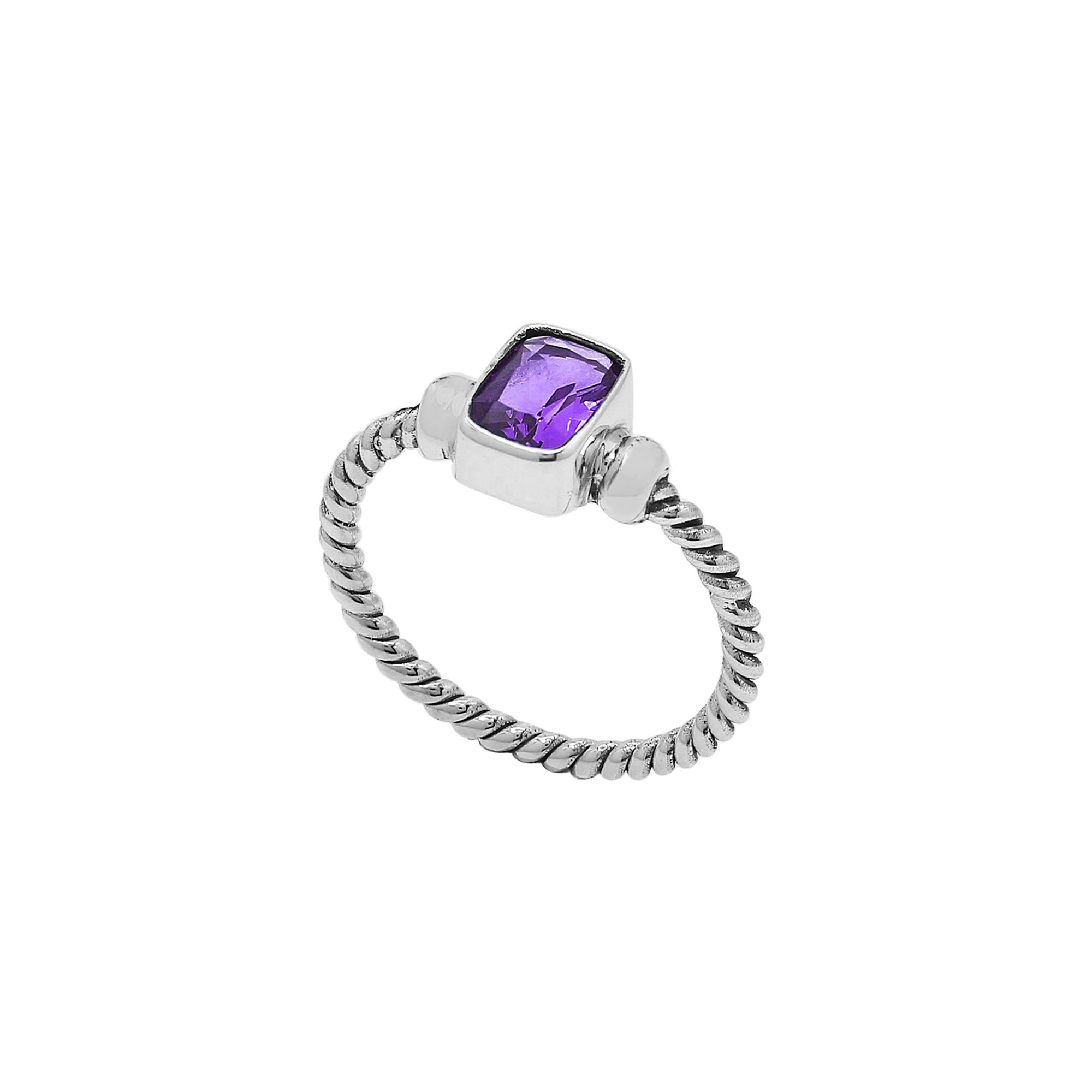 Wholesale sterling silver twisted band ring with rectangular-cut Amethyst Quartz, handcrafted artisan jewelry in bulk for retailers and resellers.