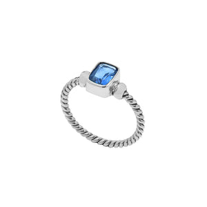 Wholesale sterling silver twisted band ring with rectangular-cut Blue Topaz Quartz, handcrafted artisan jewelry in bulk for retailers and resellers.