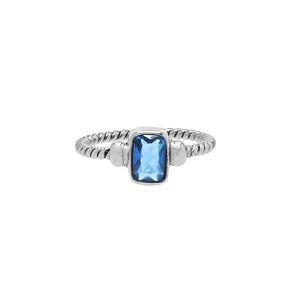 Wholesale sterling silver twisted band ring with rectangular-cut Blue Topaz Quartz, handcrafted artisan jewelry in bulk for retailers and resellers.