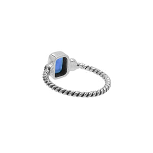 Wholesale sterling silver twisted band ring with rectangular-cut Blue Topaz Quartz, handcrafted artisan jewelry in bulk for retailers and resellers.