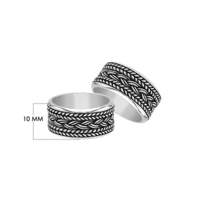 Wholesale sterling silver wide band ring with intricate braided Bali-inspired design and oxidized details, handcrafted unisex artisan jewelry in bulk for retailers and resellers.
