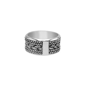 Wholesale sterling silver wide band ring with intricate braided Bali-inspired design and oxidized details, handcrafted unisex artisan jewelry in bulk for retailers and resellers.