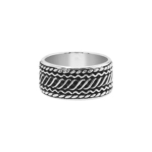 Wholesale sterling silver wide band ring with diagonal braided Bali-inspired design and oxidized details, handcrafted unisex artisan jewelry in bulk for retailers and resellers.