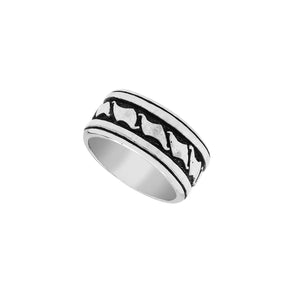 Wholesale sterling silver wide band ring with wave-inspired Bali design and oxidized details, handcrafted unisex artisan jewelry in bulk for retailers and resellers.