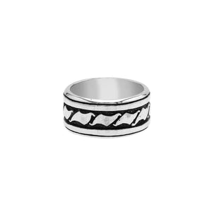 Wholesale sterling silver wide band ring with wave-inspired Bali design and oxidized details, handcrafted unisex artisan jewelry in bulk for retailers and resellers.
