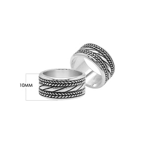 Wholesale sterling silver wide band ring with diagonal rope Bali-inspired design and oxidized details, handcrafted unisex artisan jewelry in bulk for retailers and resellers.