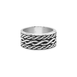 Wholesale sterling silver wide band ring with wavy braid Bali-inspired design and oxidized details, handcrafted unisex artisan jewelry in bulk for retailers and resellers.
