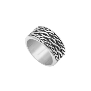 Wholesale sterling silver wide band ring with wavy braid Bali-inspired design and oxidized details, handcrafted unisex artisan jewelry in bulk for retailers and resellers.