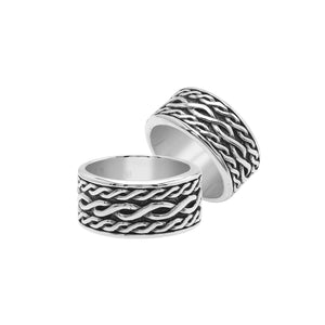 Wholesale sterling silver wide band ring with wavy braid Bali-inspired design and oxidized details, handcrafted unisex artisan jewelry in bulk for retailers and resellers.
