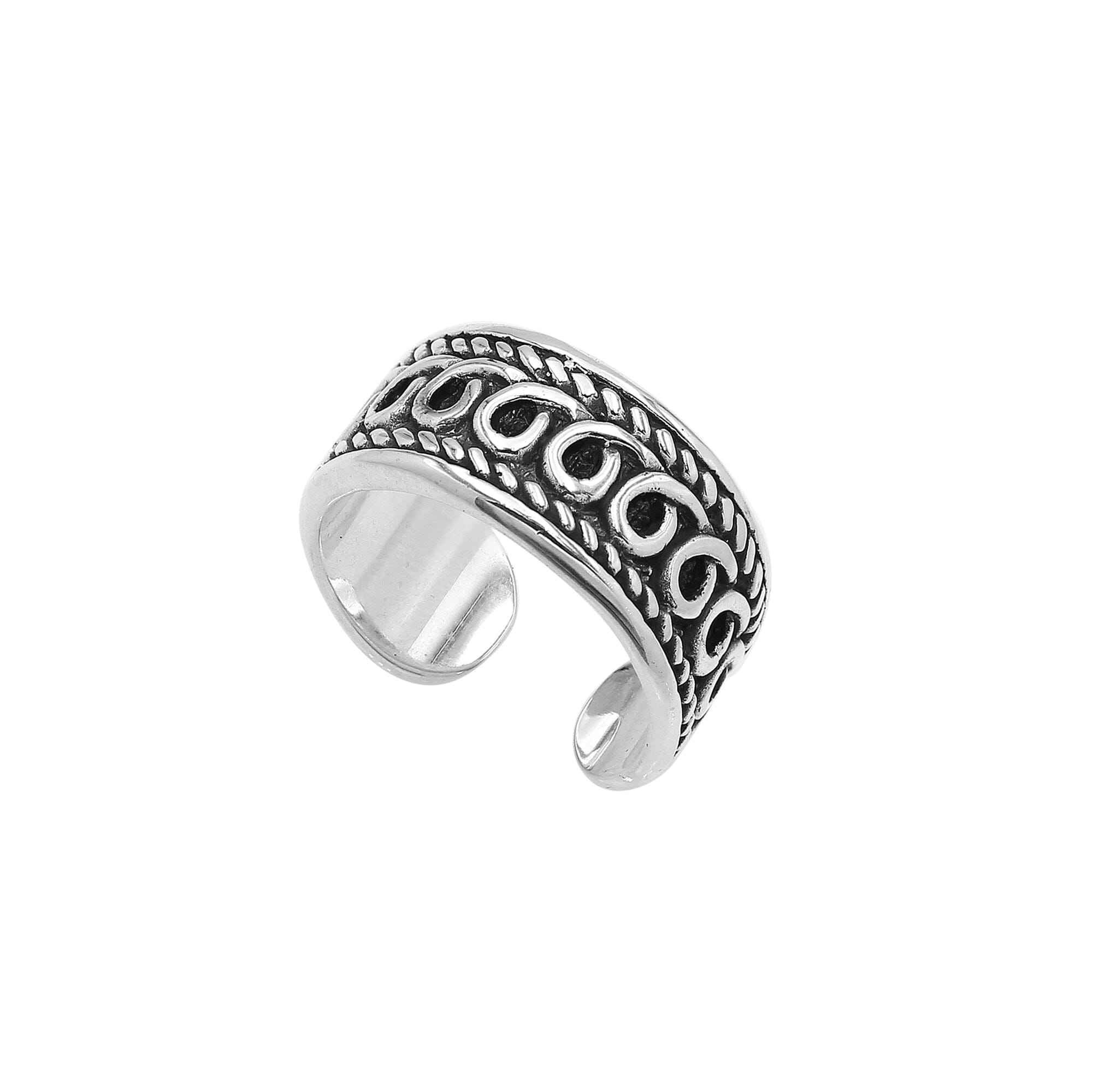 Wholesale sterling silver open-band ring with intricate Bali swirl design and oxidized details, adjustable handcrafted unisex artisan jewelry in bulk for retailers and resellers.