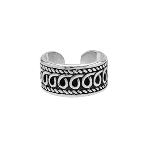 Wholesale sterling silver open-band ring with intricate Bali swirl design and oxidized details, adjustable handcrafted unisex artisan jewelry in bulk for retailers and resellers.