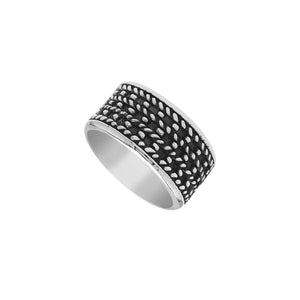 Sterling silver wholesale wide band ring with intricate Bali dot pattern, handcrafted 925 silver unisex jewelry for bulk orders.