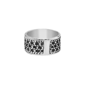 Sterling silver wholesale wide band ring with intricate Bali dot pattern, handcrafted 925 silver unisex jewelry for bulk orders.