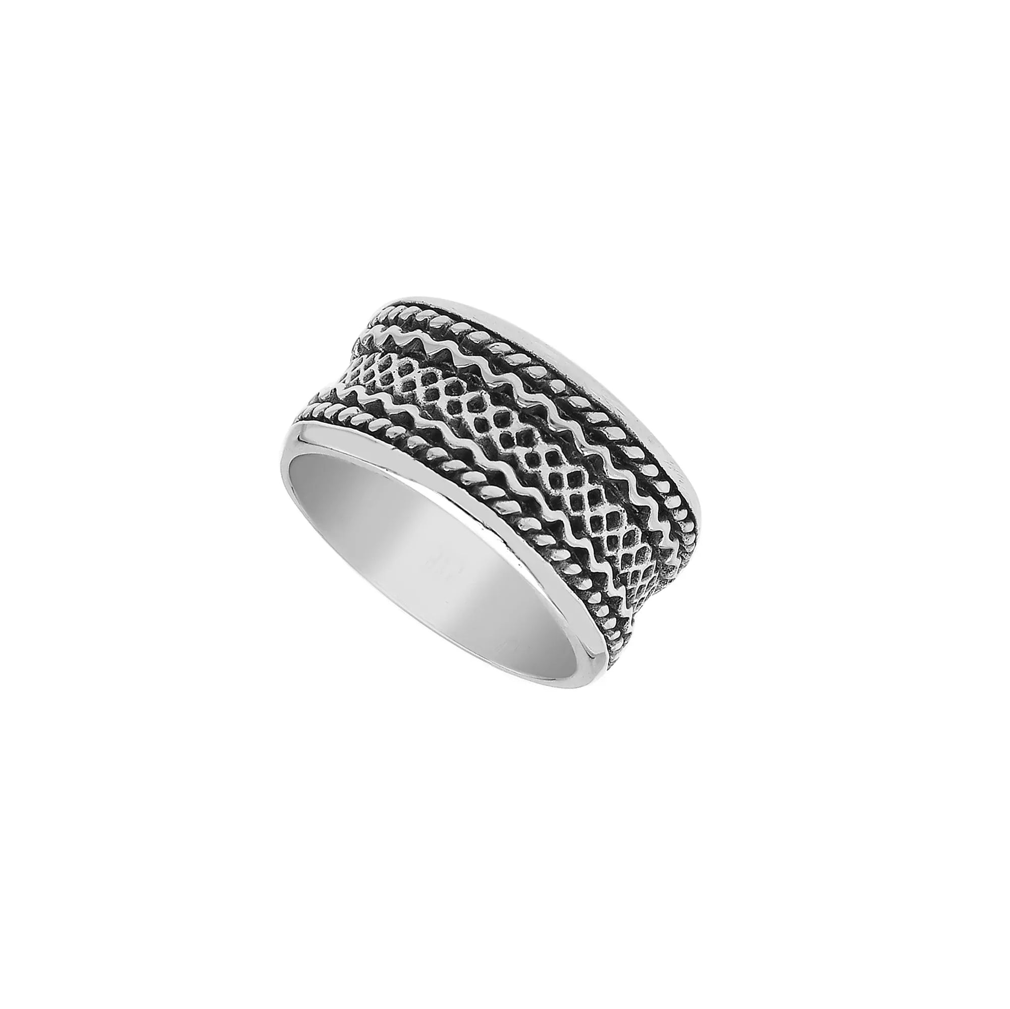 Wholesale sterling silver wide band ring with intricate tribal Bali design, handcrafted in 925 silver with oxidized detailing for jewelry retailers and bulk buyers.