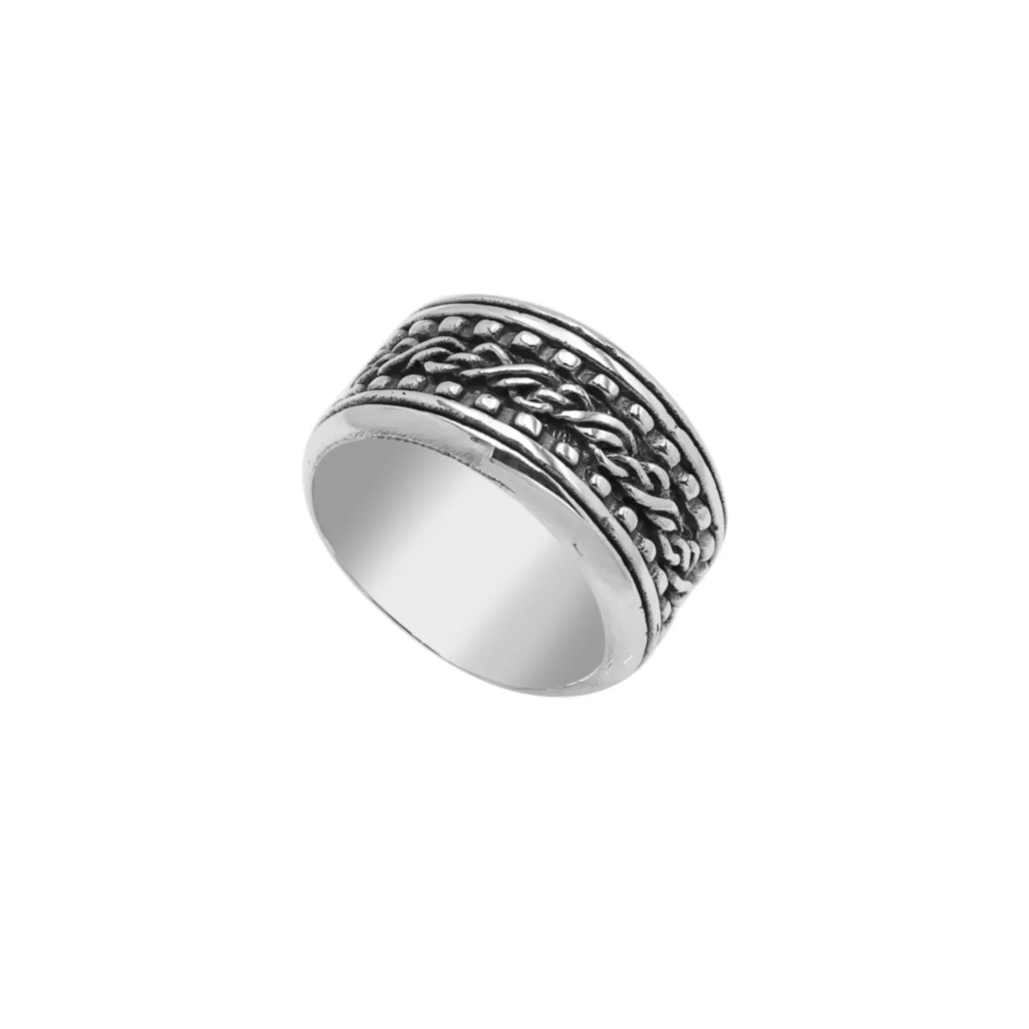 Wholesale sterling silver braided band rings with oxidized rope design, wide unisex silver jewelry for bulk resellers.