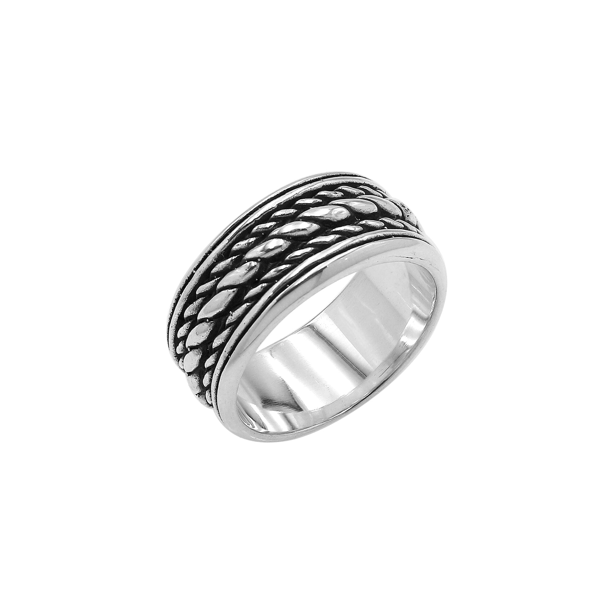 Wholesale sterling silver rope band rings with oxidized wide design, 925 silver unisex bulk jewelry for resellers and stores.