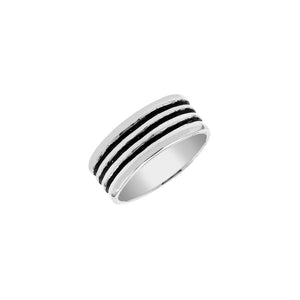 Wholesale sterling silver band ring with three oxidized black stripes, wide unisex design, handcrafted 925 silver jewelry for bulk orders and resellers.