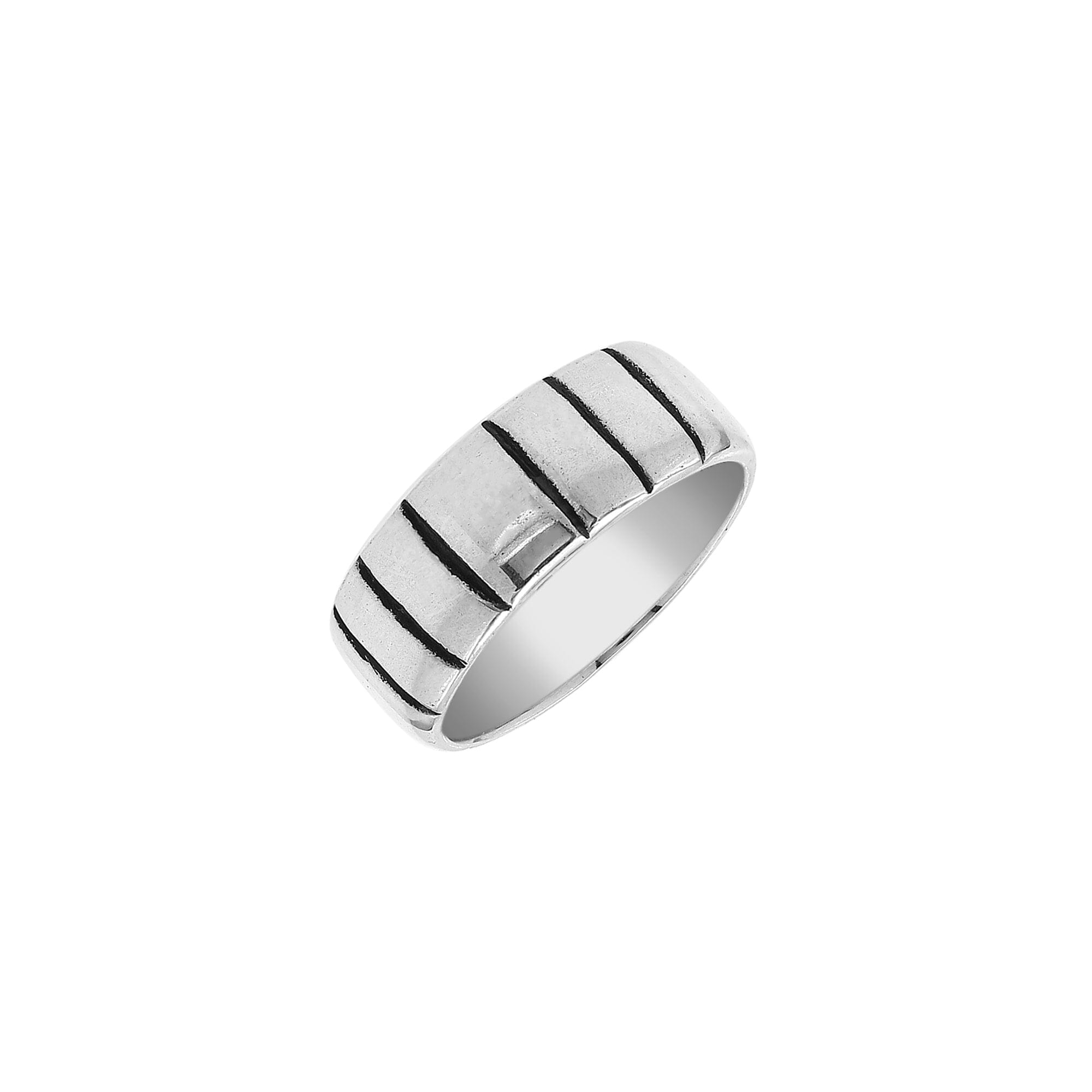 Wholesale sterling silver band ring with vertical oxidized stripe design, wide unisex 925 silver ring handcrafted in Bali for bulk orders and resellers.