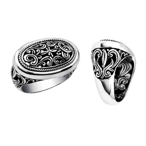 Wholesale sterling silver Woman oval signet ring with Bali scrollwork carving and oxidized finish, handcrafted 925 silver jewelry.