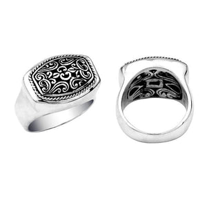 Wholesale sterling silver men’s rectangular signet ring with Bali scrollwork carving and oxidized finish, handcrafted 925 silver jewelry.